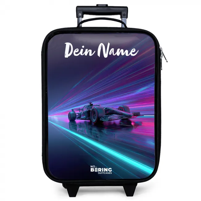 Kinderkoffer mit Name - Lichtbalken - Neon - Rennwagen - Lila