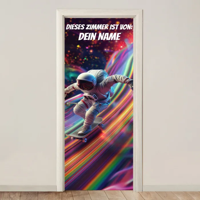 Astronaut auf Skateboard im bunten Weltraum mit personalisierbarem Namensfeld. deurposter klein -3d_beige