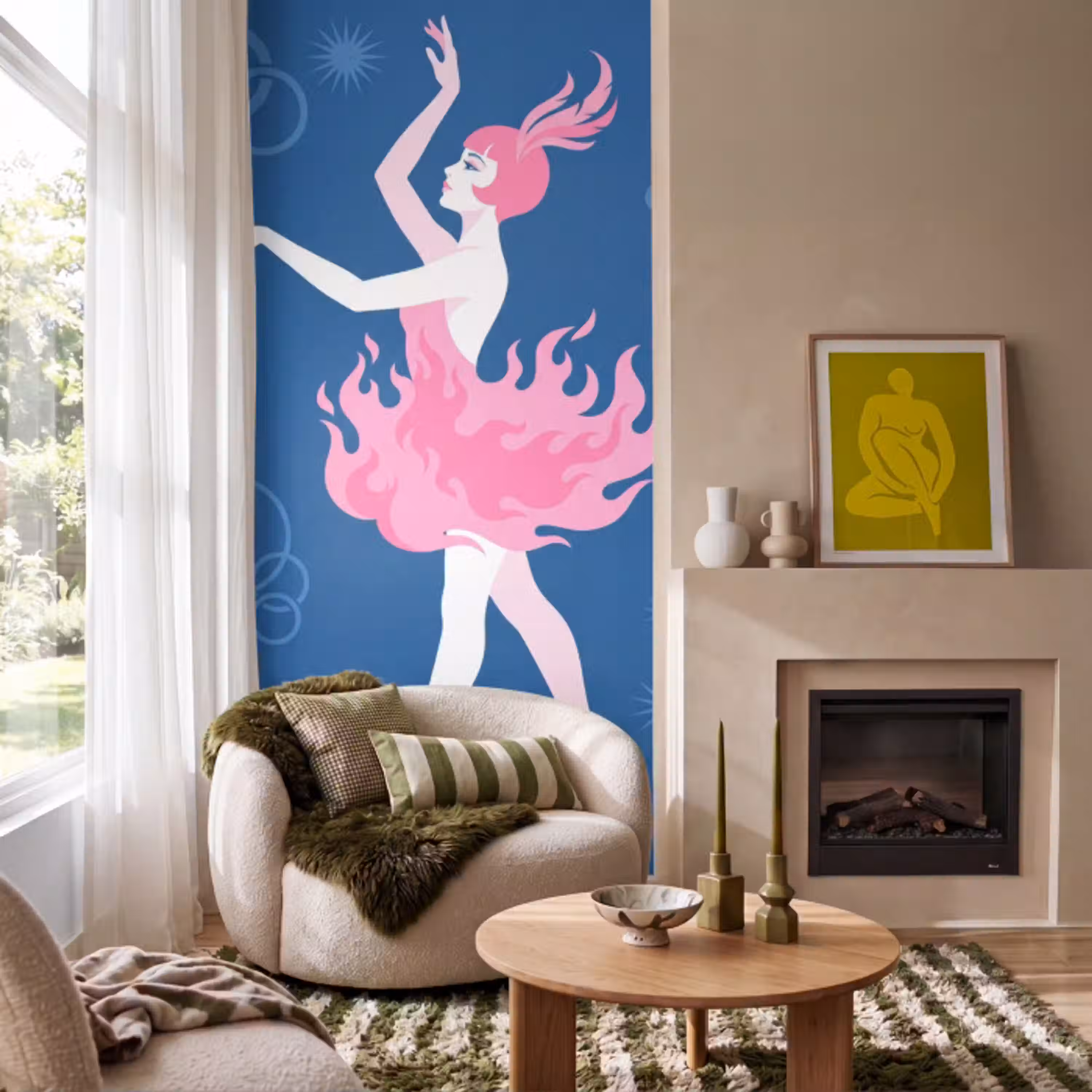 Danseres - Vlammenrok - Abstract - Roze - Blauw Behang Vlies klein -sfeer2