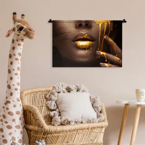 Goud - Vrouw - Verf - Lippen - Luxe Wandkleed katoen klein -wsfeer5_kind