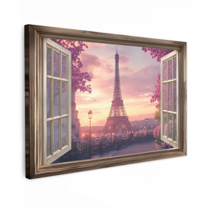 Doorkijk - Parijs - Eiffeltoren - Roze - Kersenbloesem Tuinposter op houten frame 2 cm dik klein -3d