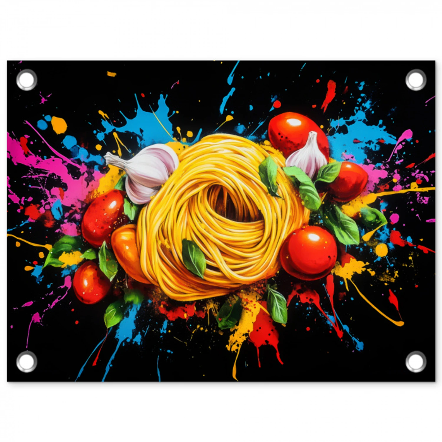 Spaghetti - Graffiti - Verf - Kleurrijk - Eten - Modern tuinposter los doek klein -3d