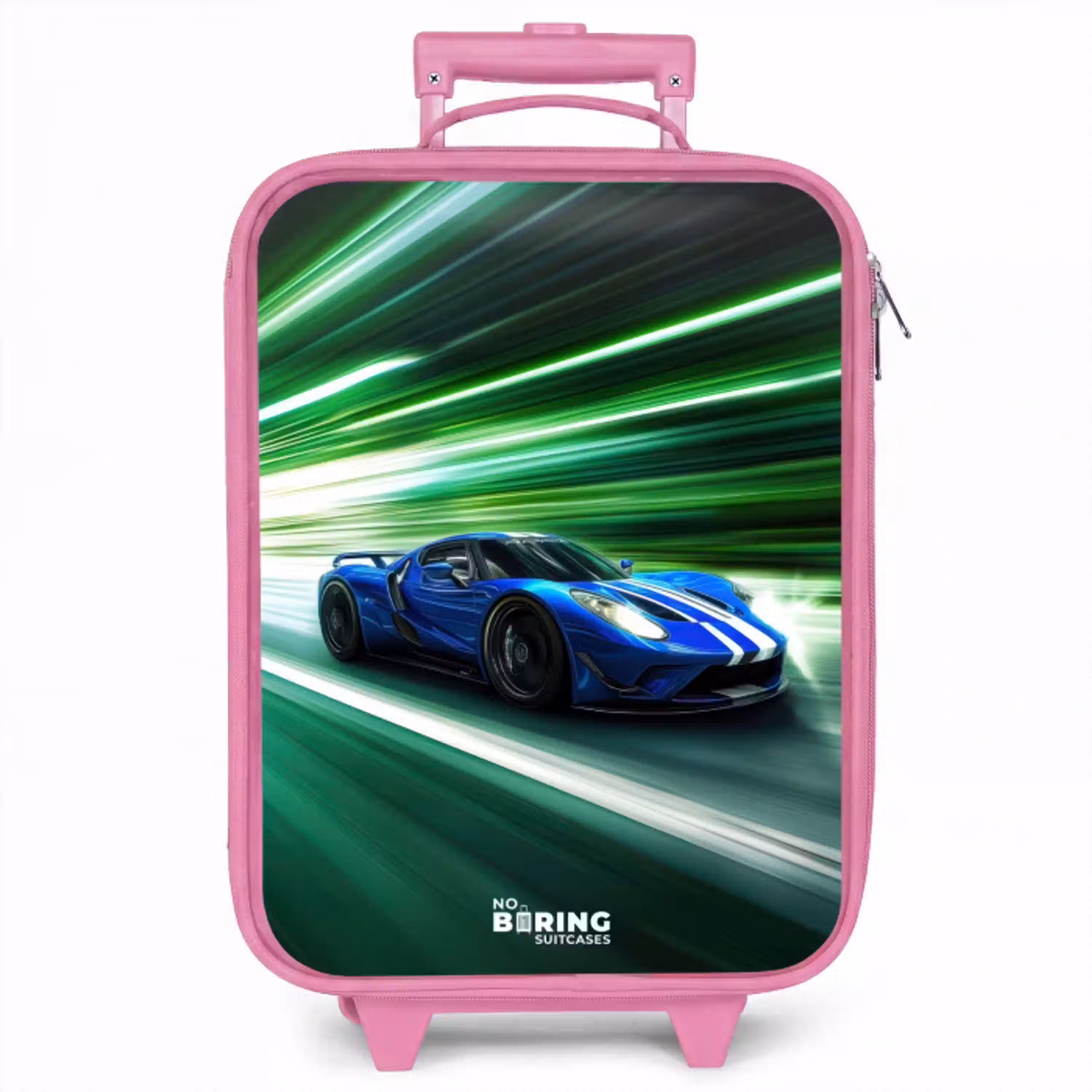 Blauwe raceauto met strepen in groene tunnel Kinderkoffer - Roze klein -zzz_website3d