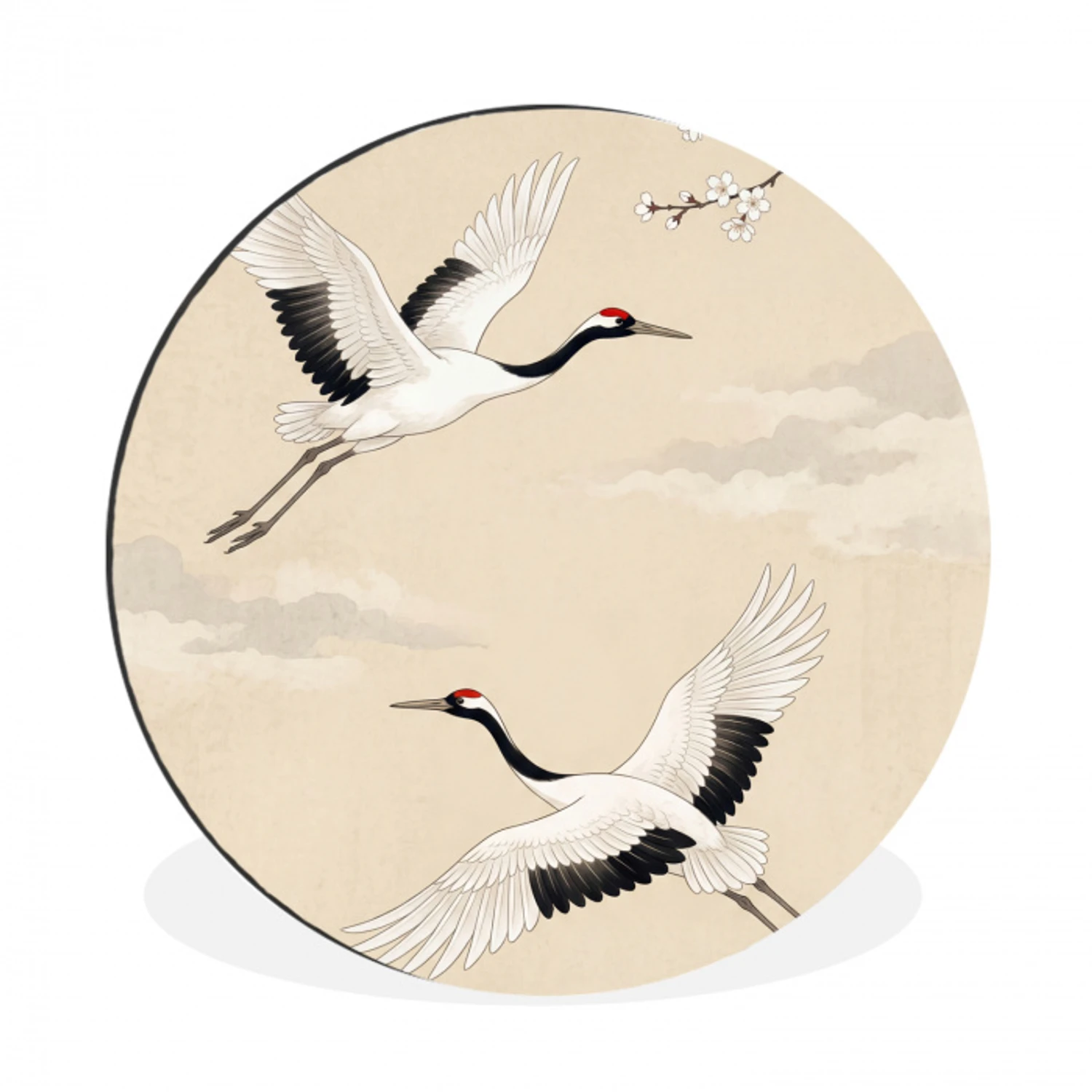 Kraanvogels - Bloesem - Beige Wandcirkel aluminium klein -3d