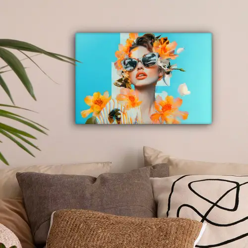 Bloemen - Vrouw - Zonnebril - Blauw canvas 2cm klein -sfeer1