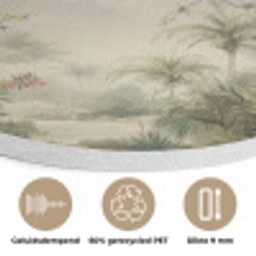Tropisch landschap - palmbomen - Bloemen - Roze lucht Akoestische PET Vilt - Rond klein -closeup_NL