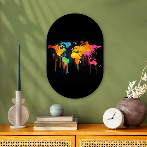 Wereldkaart - Verf - Kleurrijk - Graffiti - Wereld Wandcirkel Ovaal Forex klein -sfeer2