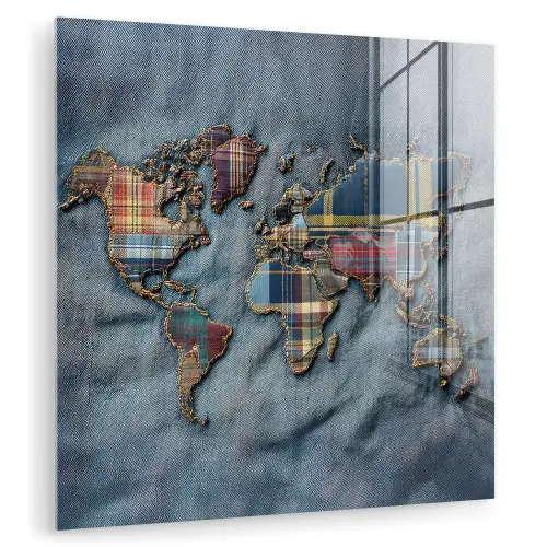 Wereldkaart - Denim - Textiel plexiglas 5mm klein -zzzproduct_nieuw