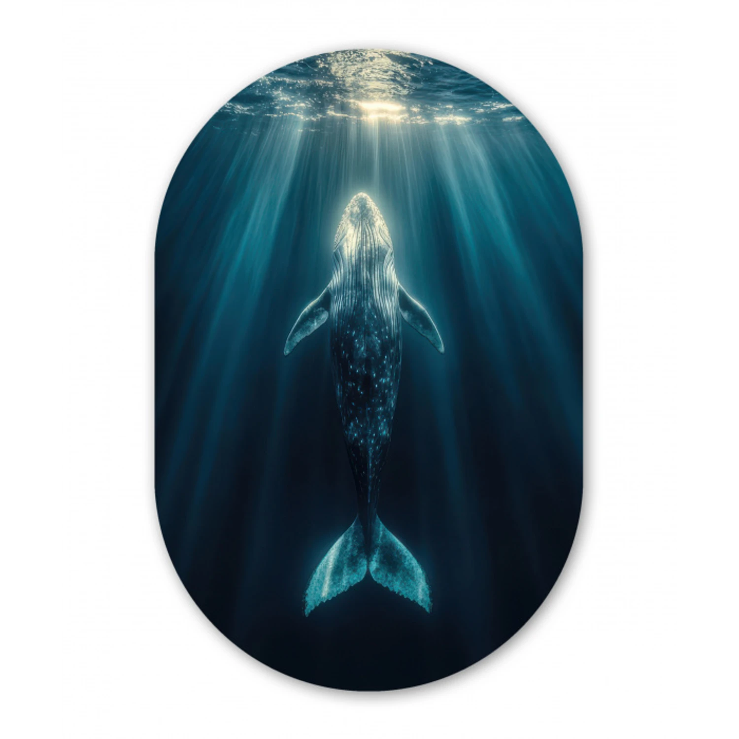 Walvis - Water - Zonnestralen - Blauw Wandcirkel Ovaal Glas middel -3d