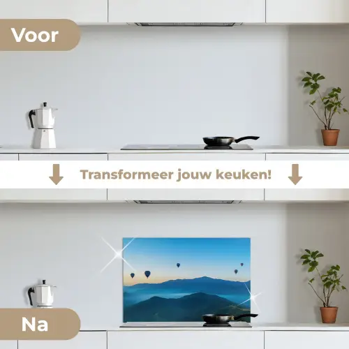 Luchtballonnen - Bergen - Zonsopgang - Landschap keuken achterwand spatscherm klein -voor_na_NL