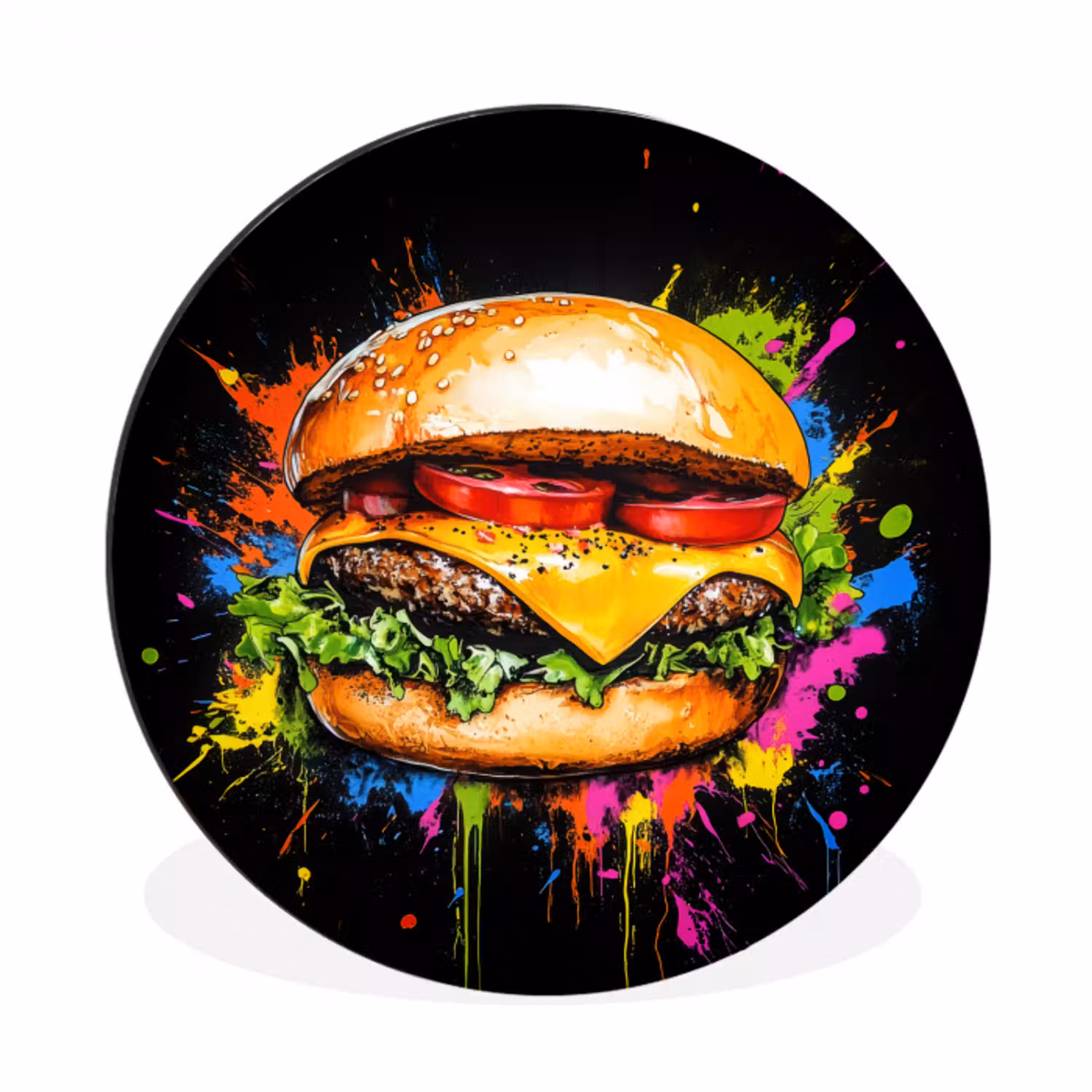 Hamburger - Graffiti - Verf - Kleurrijk - Eten - Abstract Wandcirkel aluminium klein -3d
