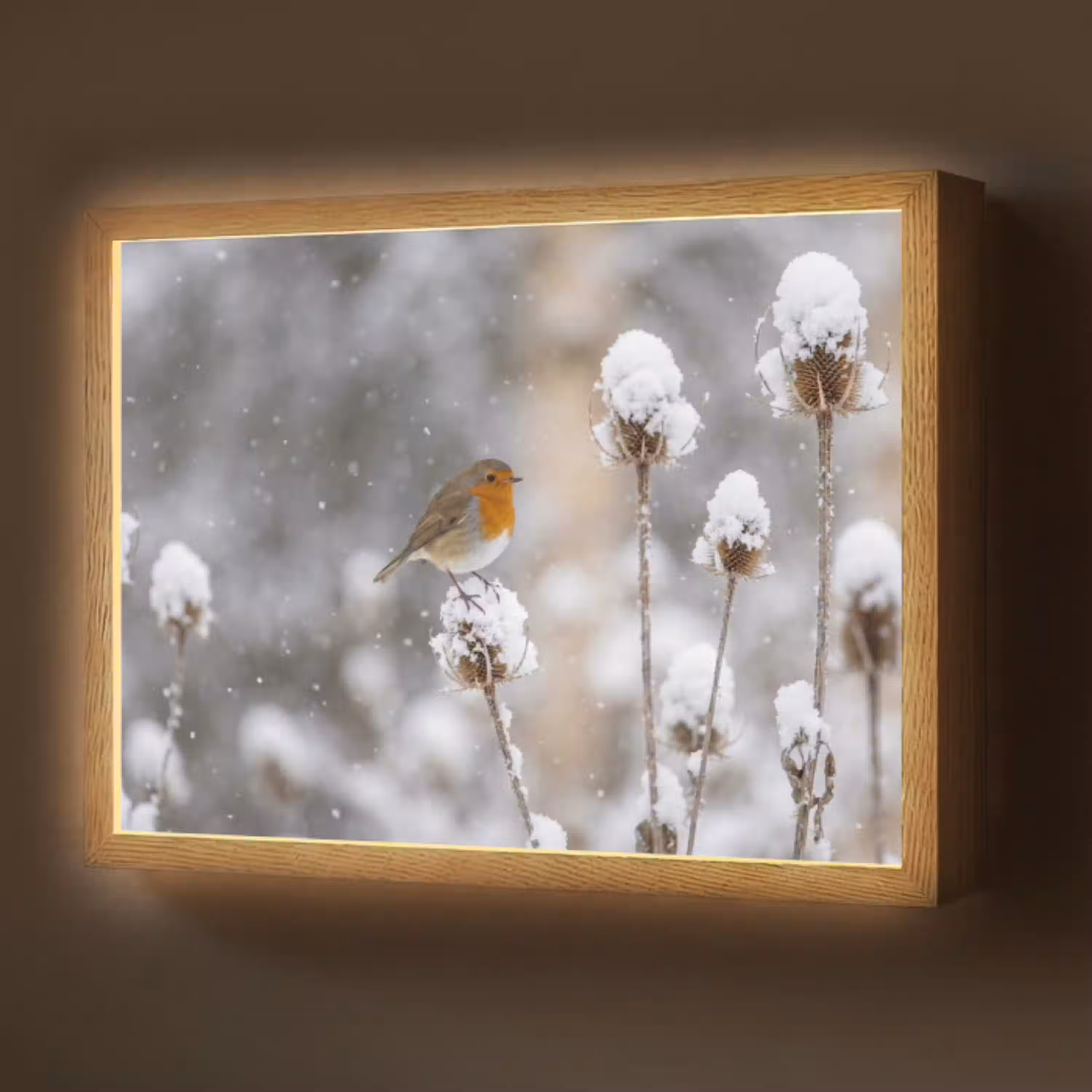 Roodborstje - Gedroogde bloem - Sneeuw - Winter - Vertederend Light Box met batterij (Wandlamp) middel -z3d_website