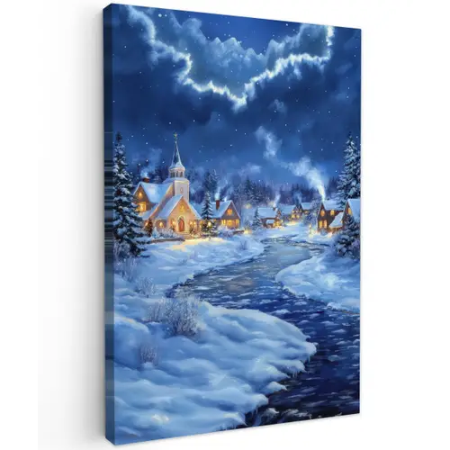 Winteravond - Kerstdorp - Donker Tuinposter op houten frame 2 cm dik klein -3d