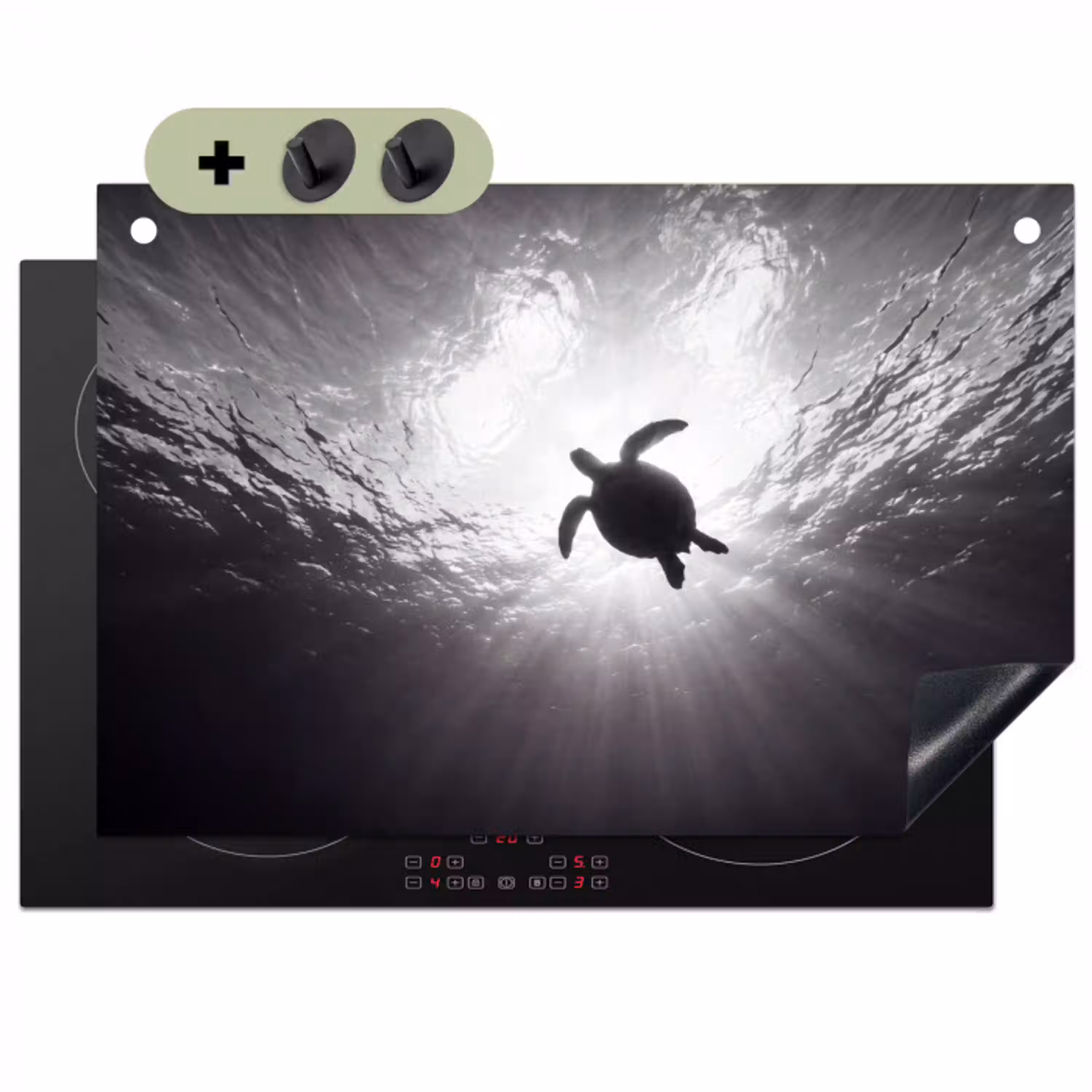 Schildpad - Onderwater - Lichtstralen - Oceaan - Zwart-wit Inductie beschemer met haakjes klein -3d