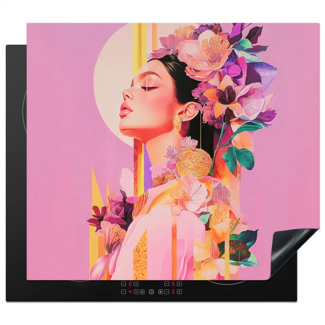 Vrouw - Bloemen - Paars - Abstract Inductie beschermer vinyl 3mm middel -3d