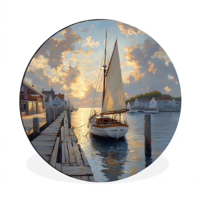 Zeilboot - Zon - Pier - Hout Wandcirkel aluminium klein -3d