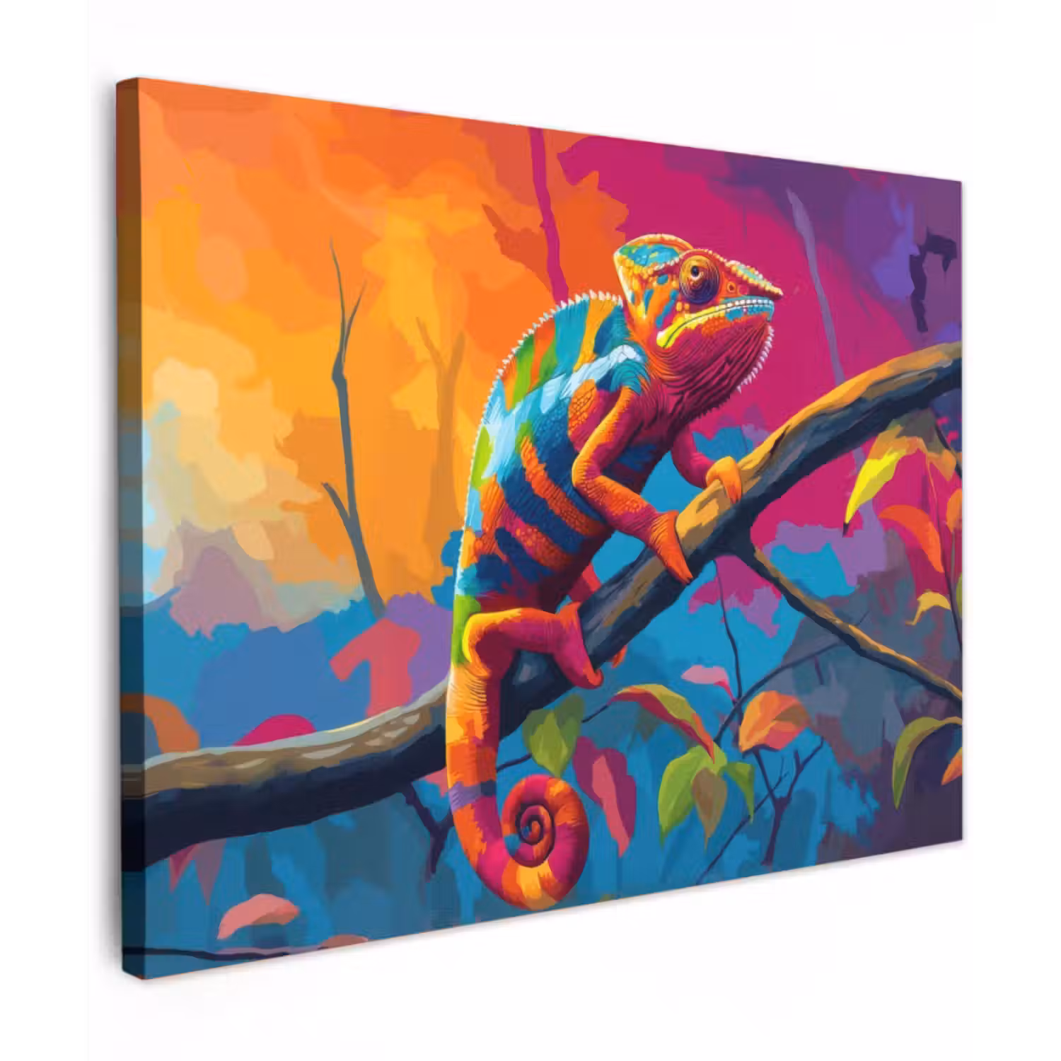 Canvas schilderij - Kameleon - Tak - Gestreept - Bladeren