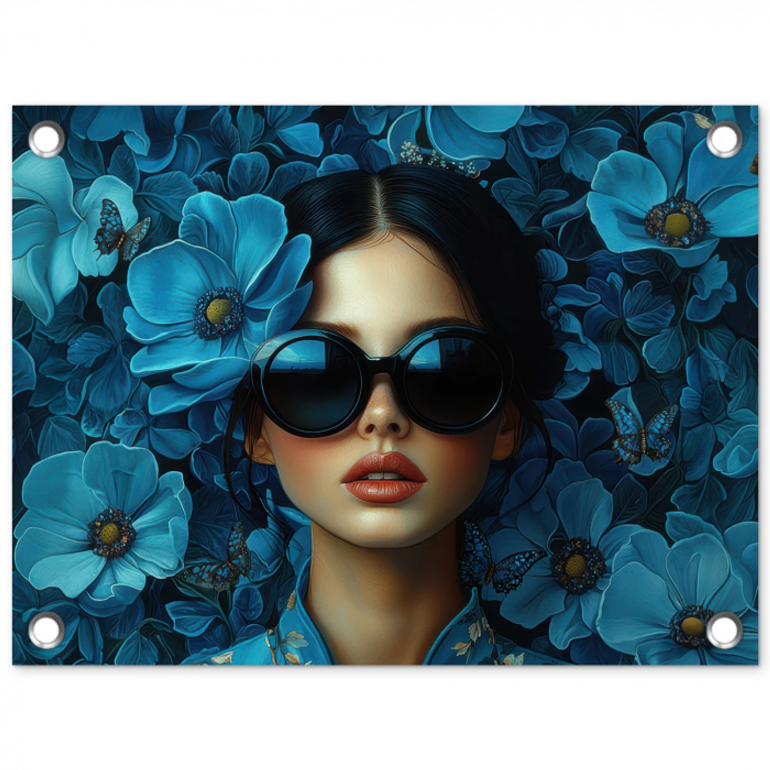 Vrouw - Bloemen - Blauw - Aesthetic - Luxe tuinposter los doek klein -3d