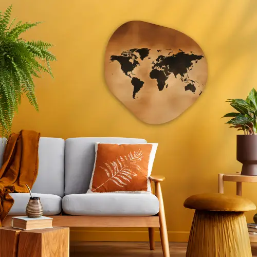 Wereldkaart - Bruin - Kaart Wandcirkel Organisch Plexiglas middel -sfeer4