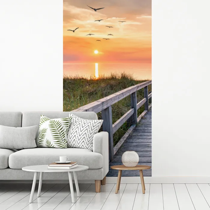 Zonsonderang - Zee - Pad - Gras - Duin - Vogels fotobehang vinyl groot -woonkamer