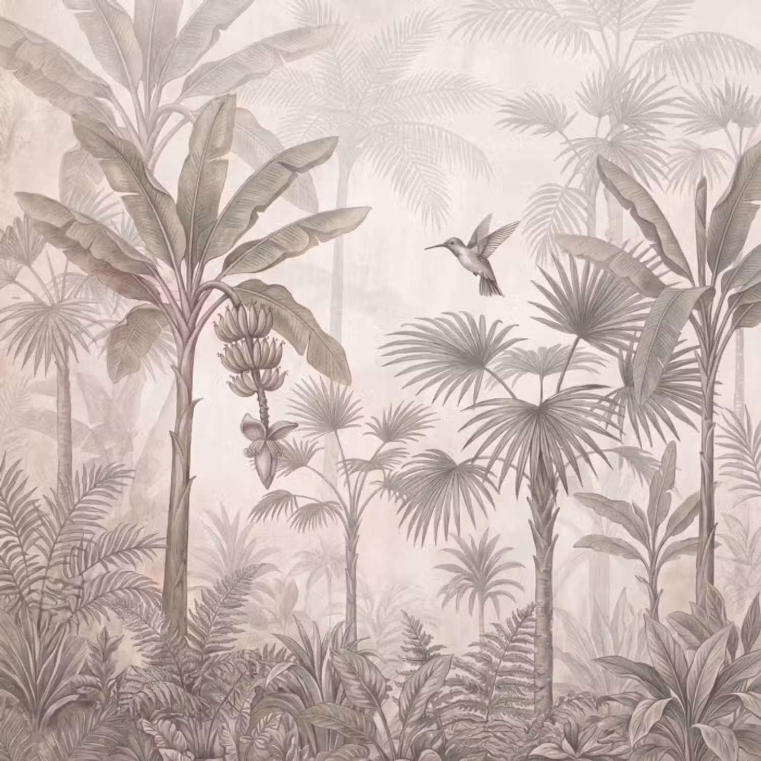 Behang - Jungle - Banenboom - Kolibrie - Beige