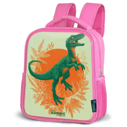 Groene dino tussen varens Kinderrugzak - Roze middel -schuin