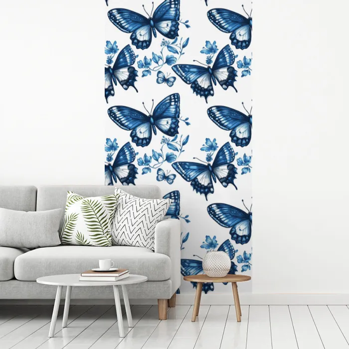 Blauw - Vlinders - Bloemen - Wit fotobehang vinyl groot 64 -woonkamer