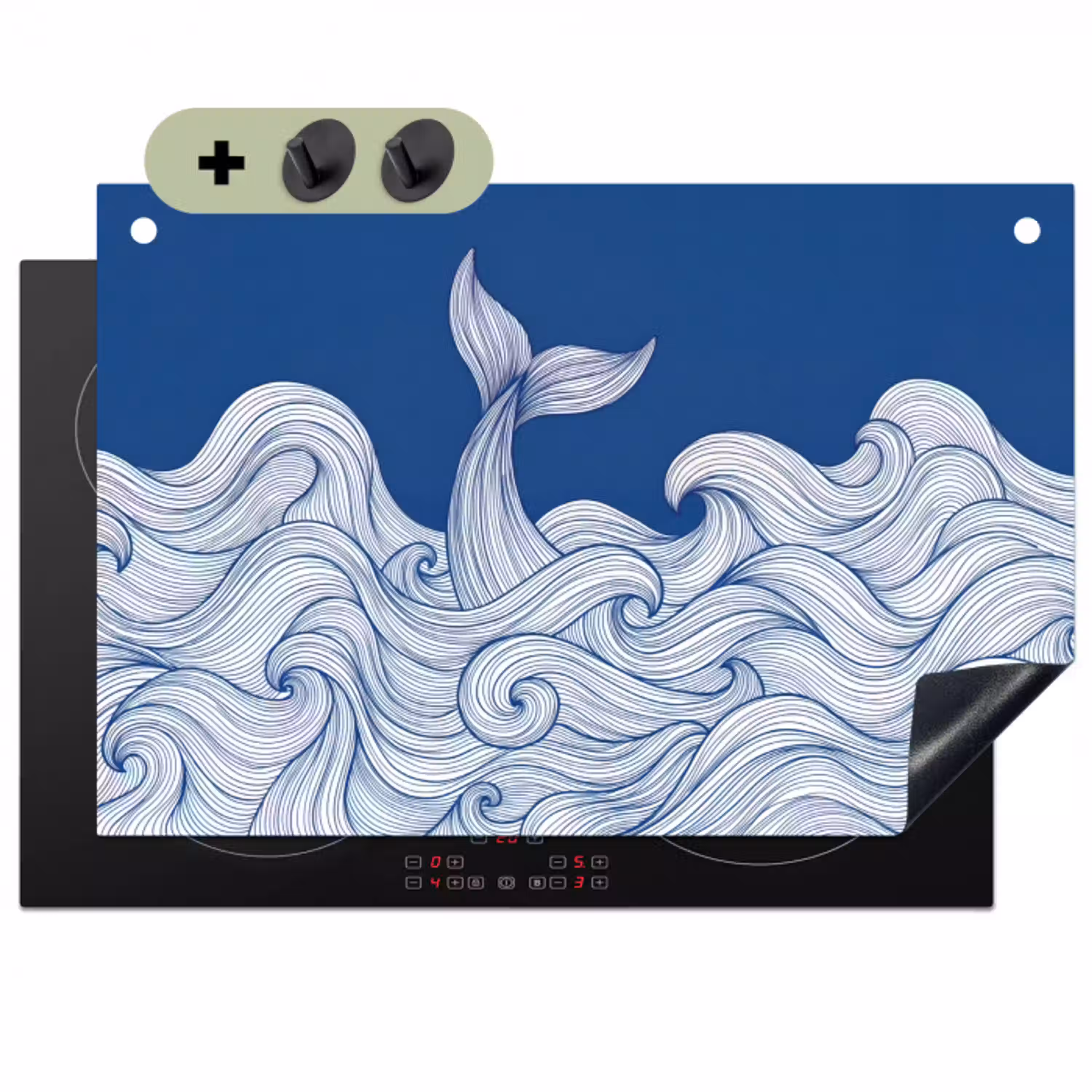 Walvis - Staart - Golven - Lijntekening - Blauw Inductie beschemer met haakjes klein -3d