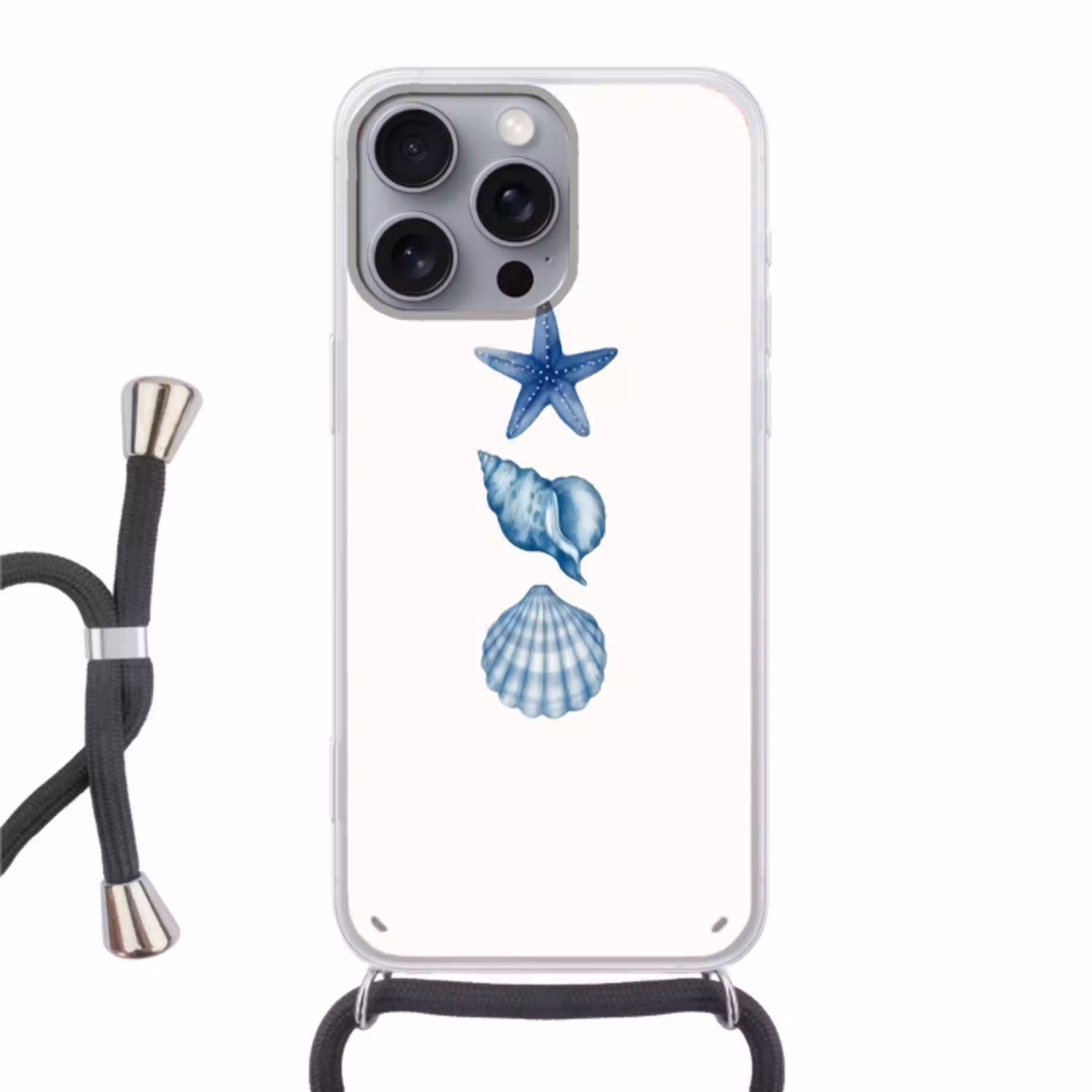 Zeester - Schelpen - Blauw Hoesje iPhone 16 Pro Max met koord klein -3d