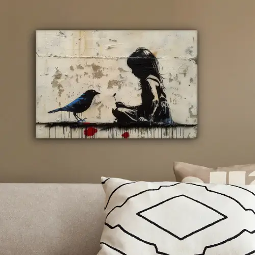 Street art - Meisje - Vogel - Graffiti - Banksy canvas 2cm klein -sfeer3
