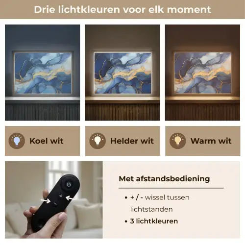 Marmer - Blauw - Goud - Abstract Light Box met batterij (Wandlamp) middel -USP_lichtkleurNL