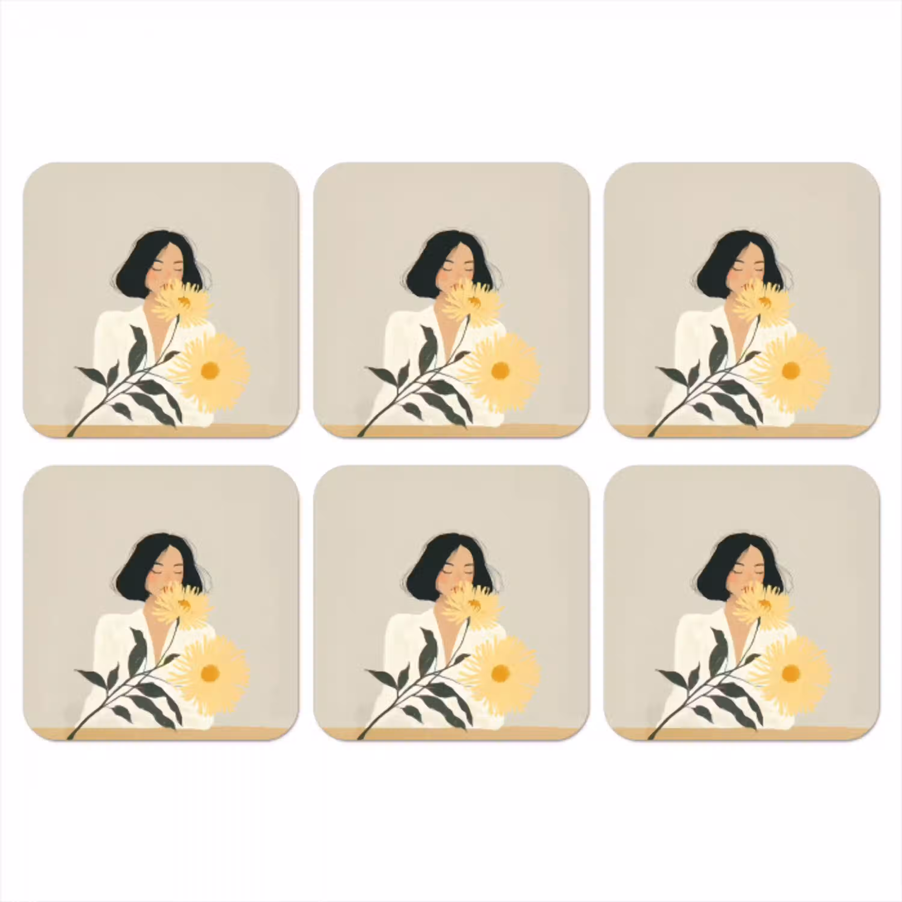 Vrouw - Bloem - Geel - Minimalistisch onderzetter kurk middel -3d