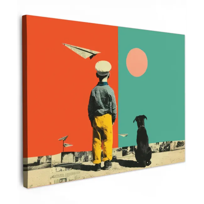 Leinwandbild - Retro - Junge - Hund - Rot - Grün