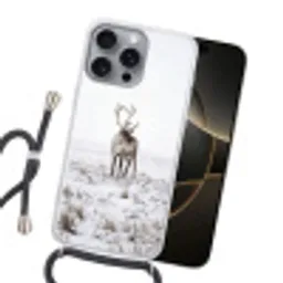 Rendier - Gewei - Sneeuw - Winter Hoesje iPhone 16 Pro Max met koord klein -sfeer1