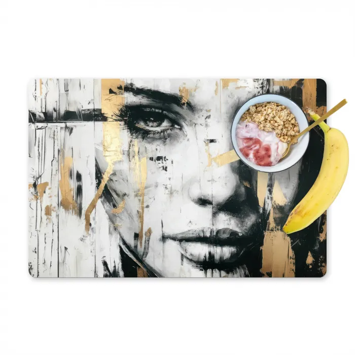 Portret - Vrouw - Penseelstreken - Goud Placemat vinyl groot -zzzproduct_Kitchenyeah-website