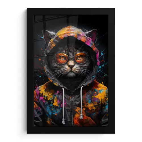 Kat - Jas - Graffiti - Bril - Zwart fotolijst zwart zonder passe partout klein -3d
