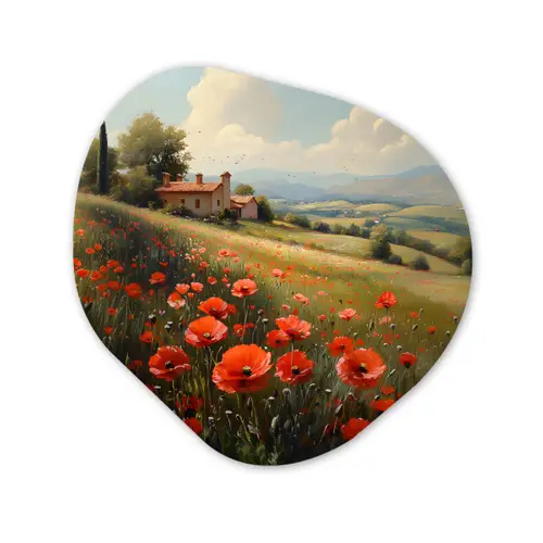 Klaprozen - Rood - Heuvels - Landschap Wandcirkel Organisch Aluminium middel -3d