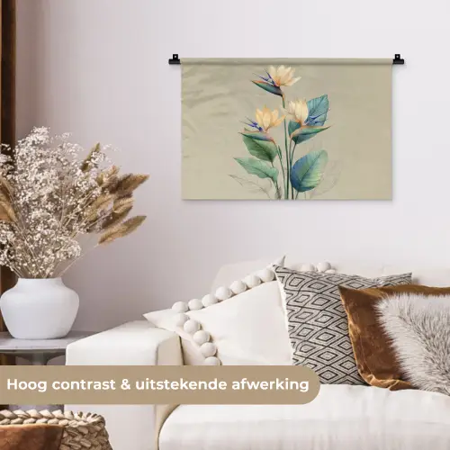 Paradijsvogelbloemen - Blauwgroene bladeren - Beige Wandkleed katoen klein -sfeer1