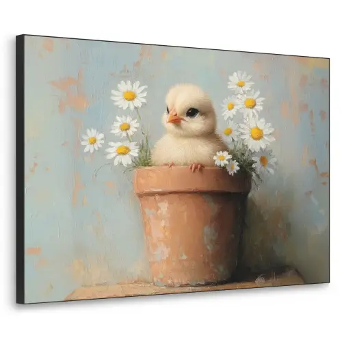 Bloempot - Kuiken - Bloemetjes Textielframe zwart klein -3d