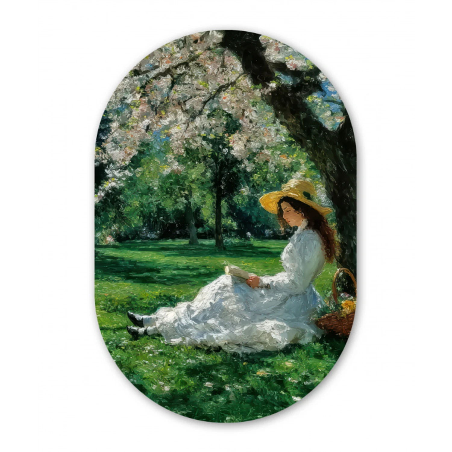 Vrouw - Boom - Boek - Mandje Wandcirkel Ovaal Glas middel -3d