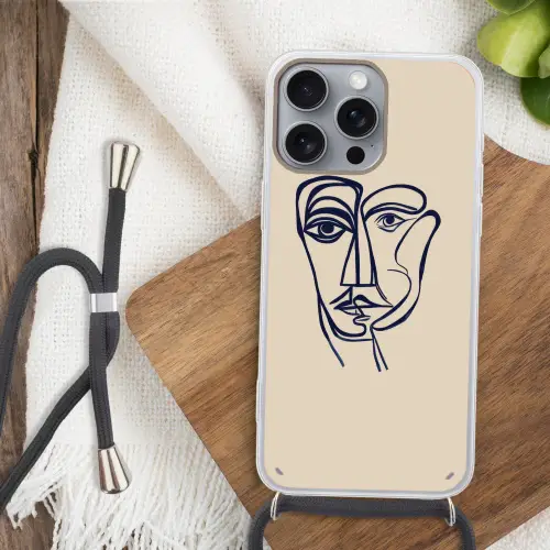 Minimalistisch - Lijnillustratie - Beige - Donkerblauw Hoesje iPhone 16 Pro Max met koord klein -sfeer4
