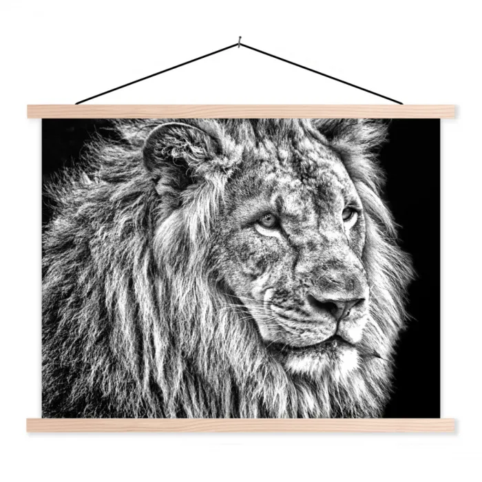 Portret - Leeuw - Zwart wit textielposter latten blank klein -3d