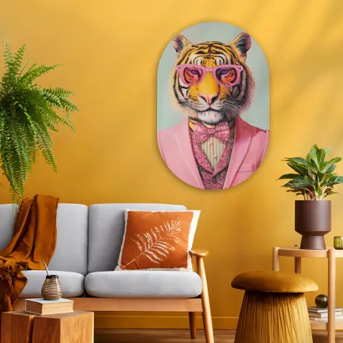 Tijger - Strik - Jasje - Roze Wandcirkel Ovaal Glas middel -sfeer4