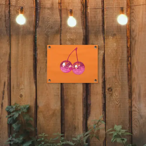 Discoballen - Kers - Spiegels - Roze tuinposter los doek klein -sfeer1