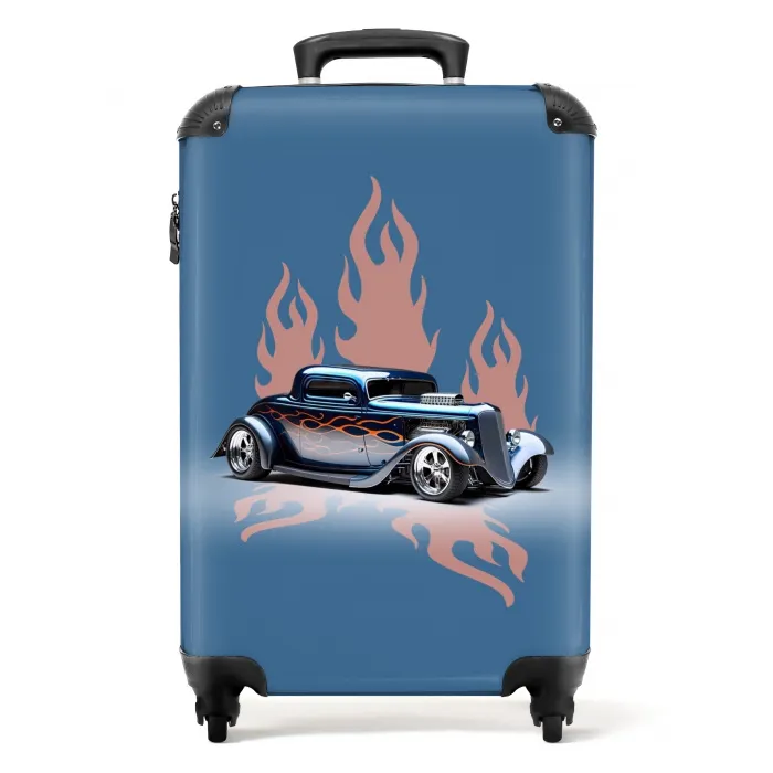 Blauwe auto met roze vlammen NBS - Handbagage koffer - Unisex middel -productfoto_recht