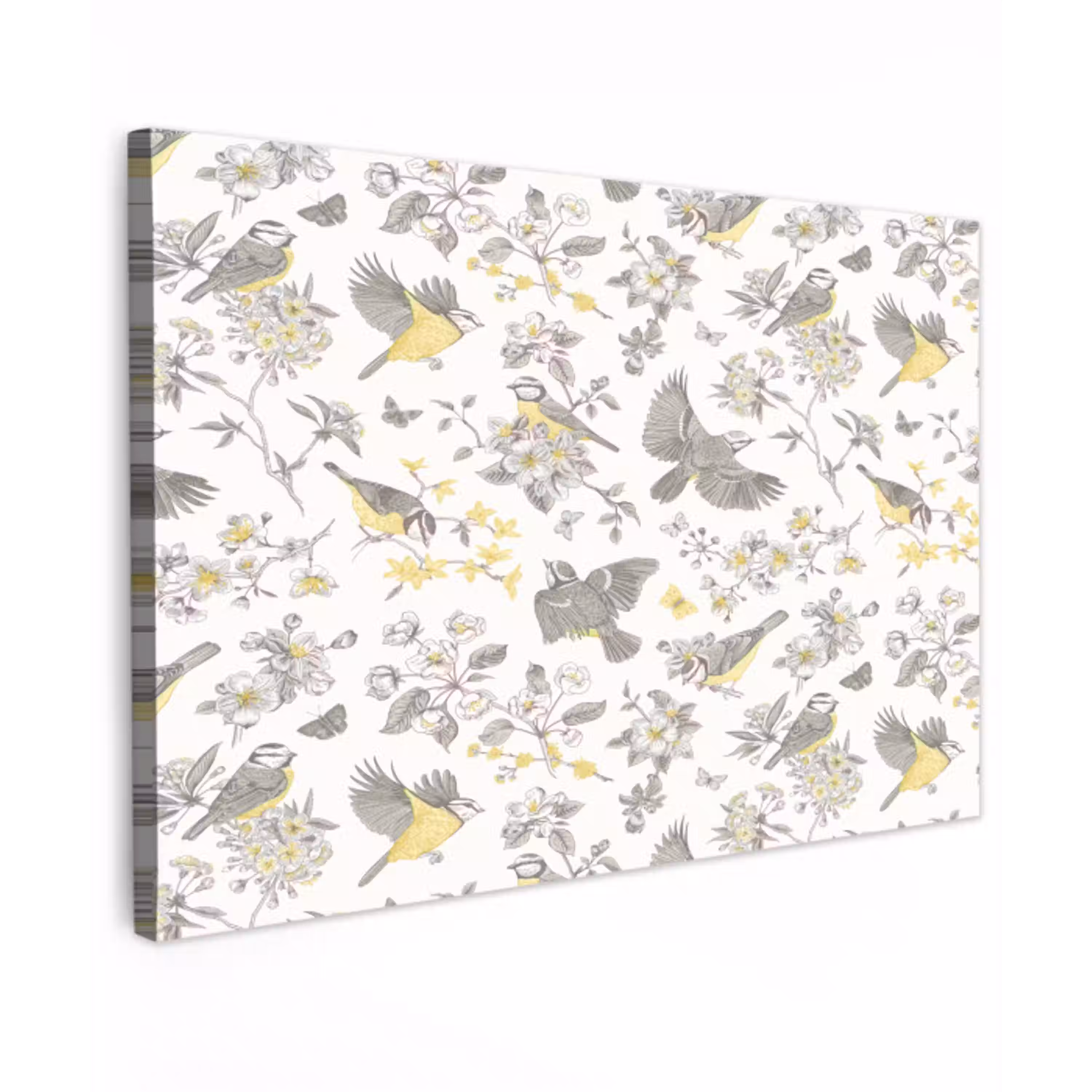 Birds - Flowers - Gray - Yellow Tuinposter op houten frame 2 cm dik klein 845 -3d