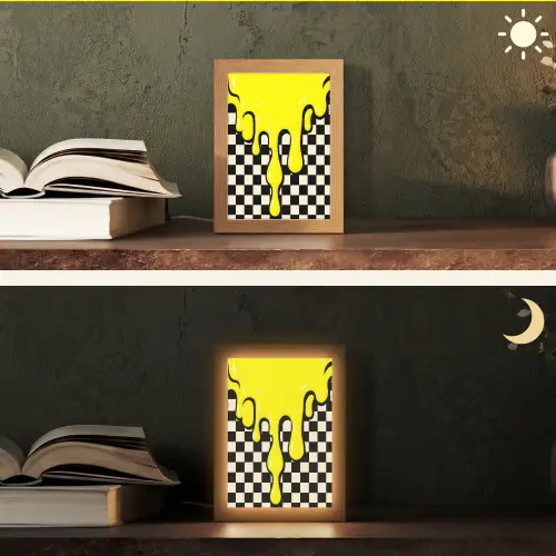 Geblokt - Grafisch - Vloeistof - Geel Light Box met kabel (Tafellamp) klein -sfeer3