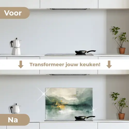Groen - Modern - Abstract - Goud keuken achterwand spatscherm klein -voor_na_NL