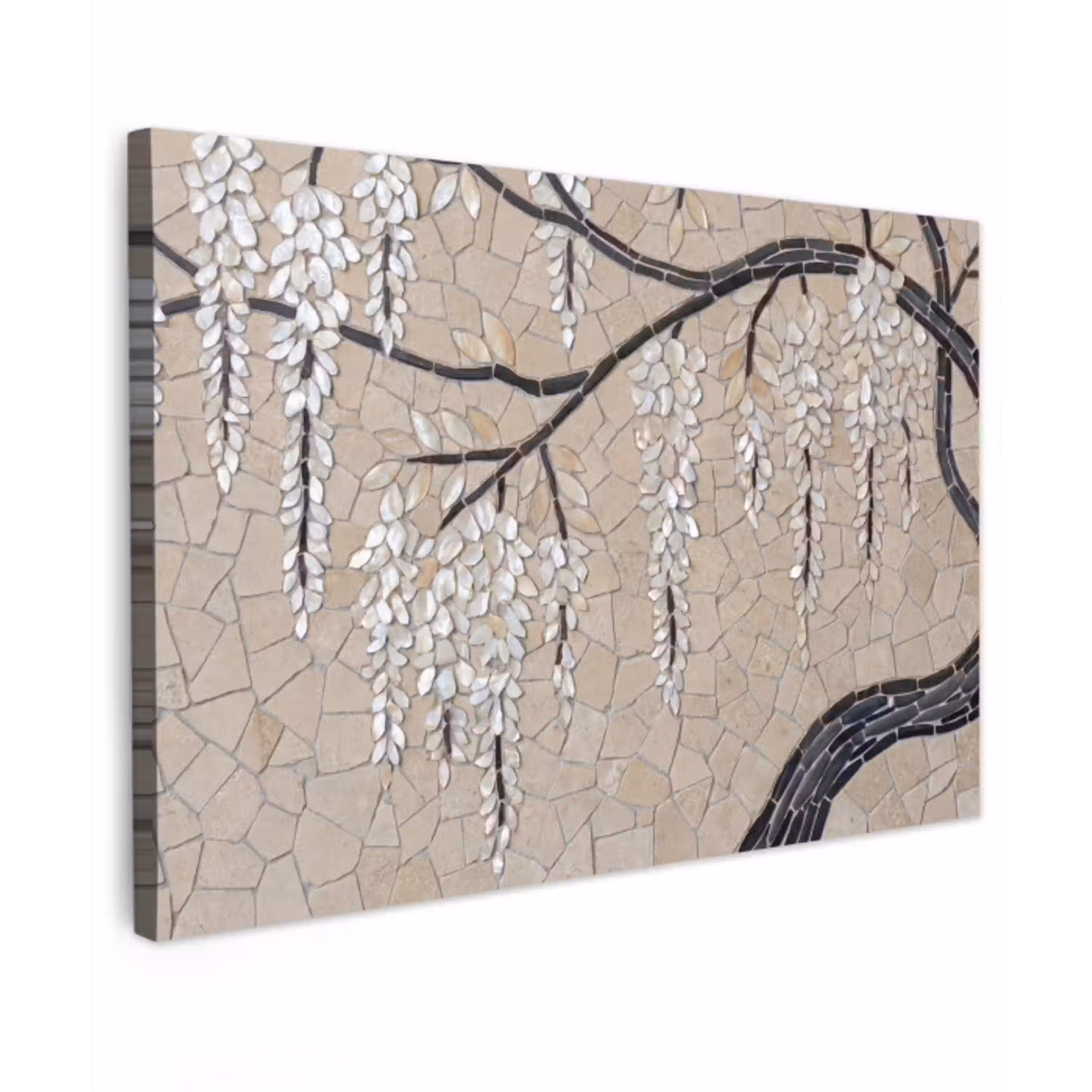 Boom - Bloemen - Mozaïek - Kunst - Wit Tuinposter op houten frame 2 cm dik klein -3d