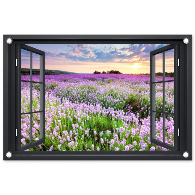 Uitzicht op Lavendelveld bij Zonsondergang tuinposter los doek klein -3d